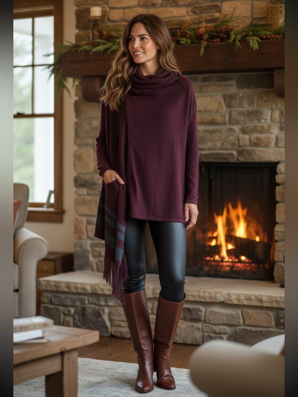 CAbi Deep Burgundy and Grey Draped Cowl Neck Pullover with Button Detail